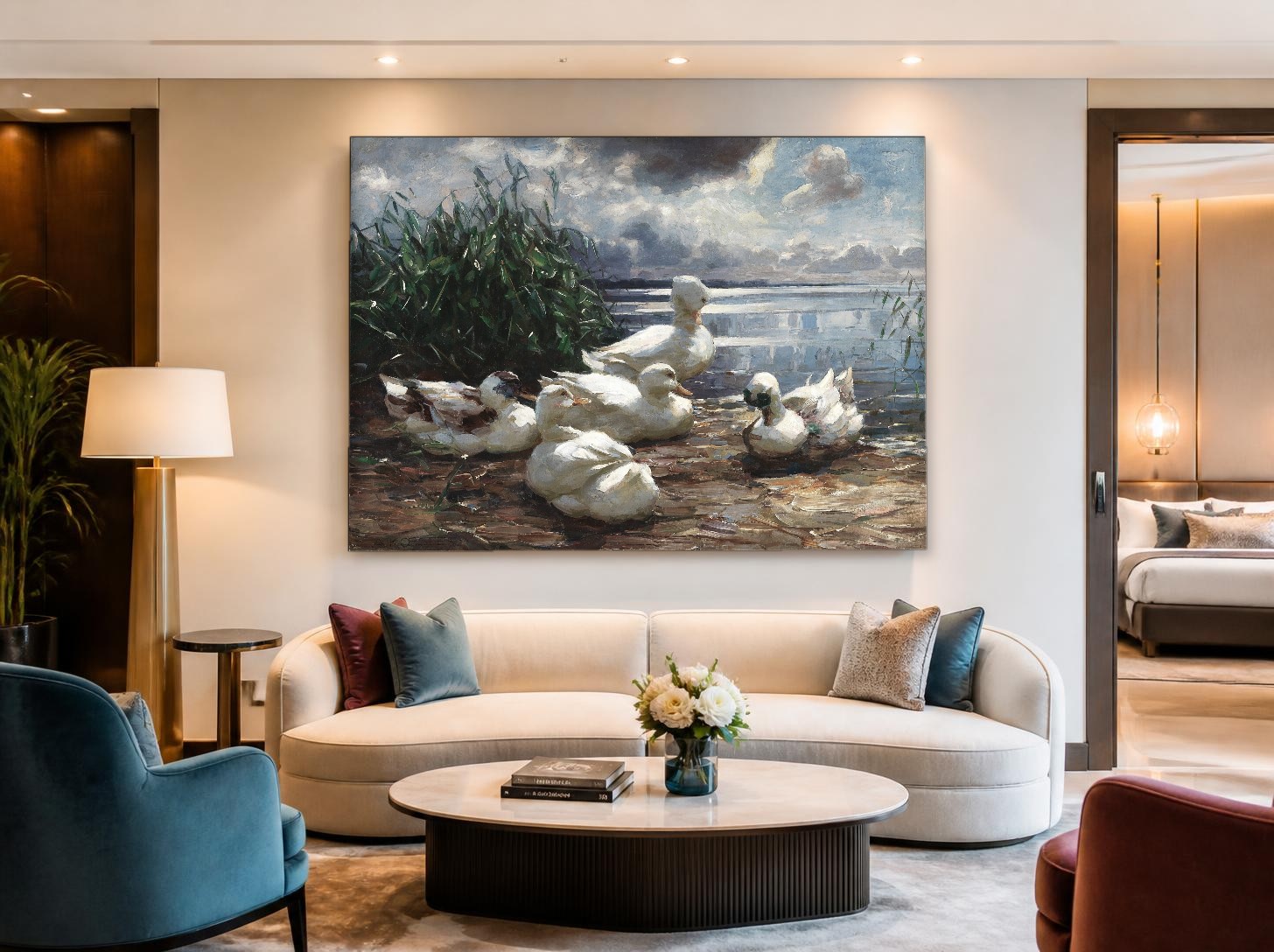 CAS1293-1 Eenden aan het Water (naar Alexander Koester), Dieren schilderij aan de muur in interieur