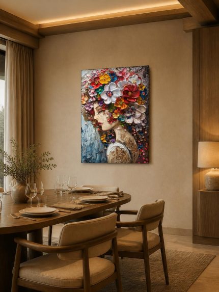 Vrouw met Bloemenkroon, Mensen & Portretten schilderij aan de muur in interieur