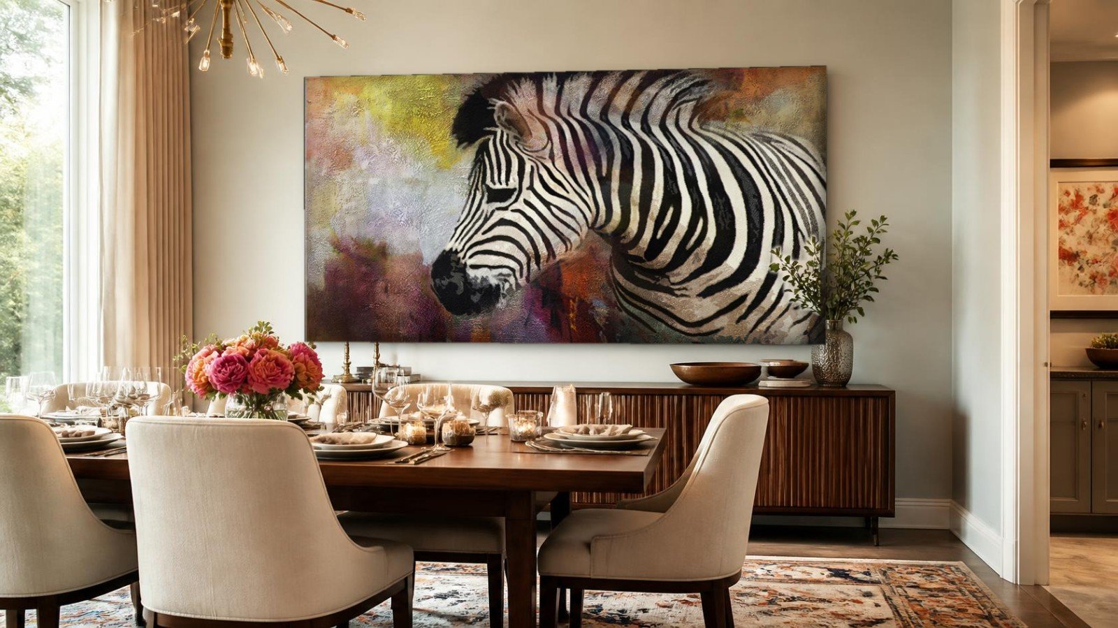 CAS130-1 Zebra in warme kleurwolk, Dieren schilderij aan de muur in interieur