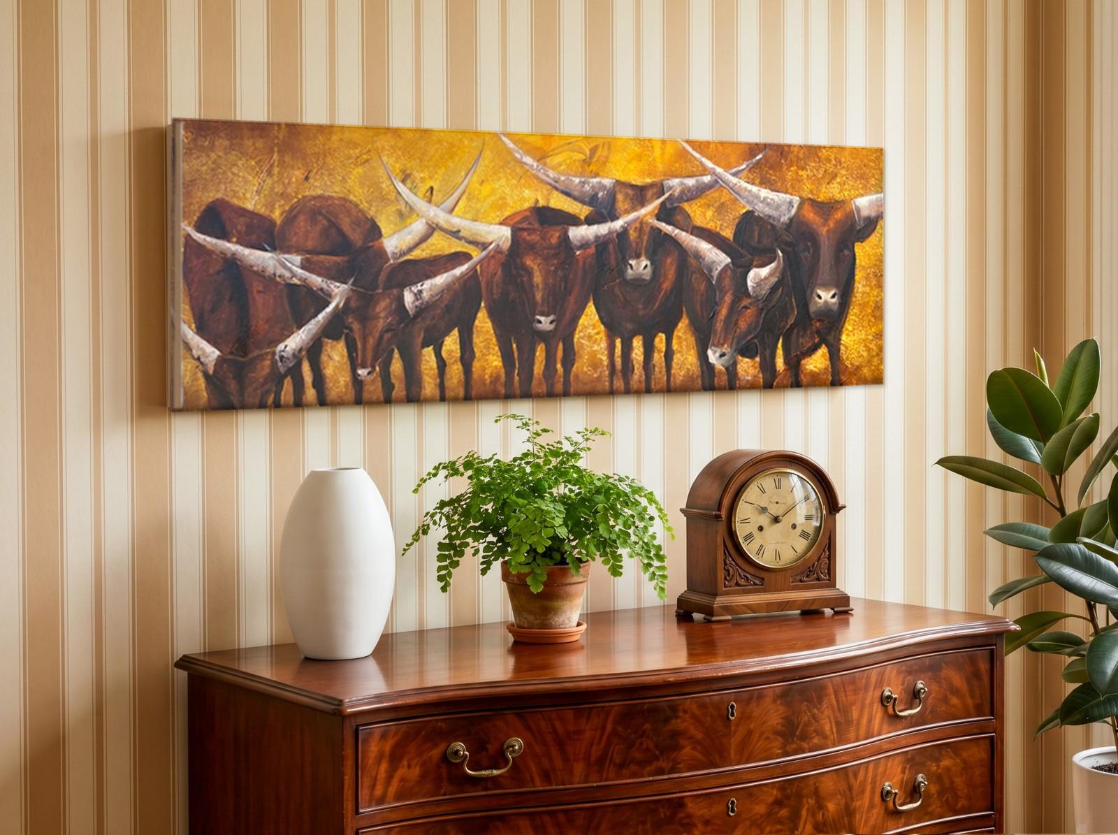 CAS131-1 Kudde Longhorns in Goud, Dieren schilderij aan de muur in interieur