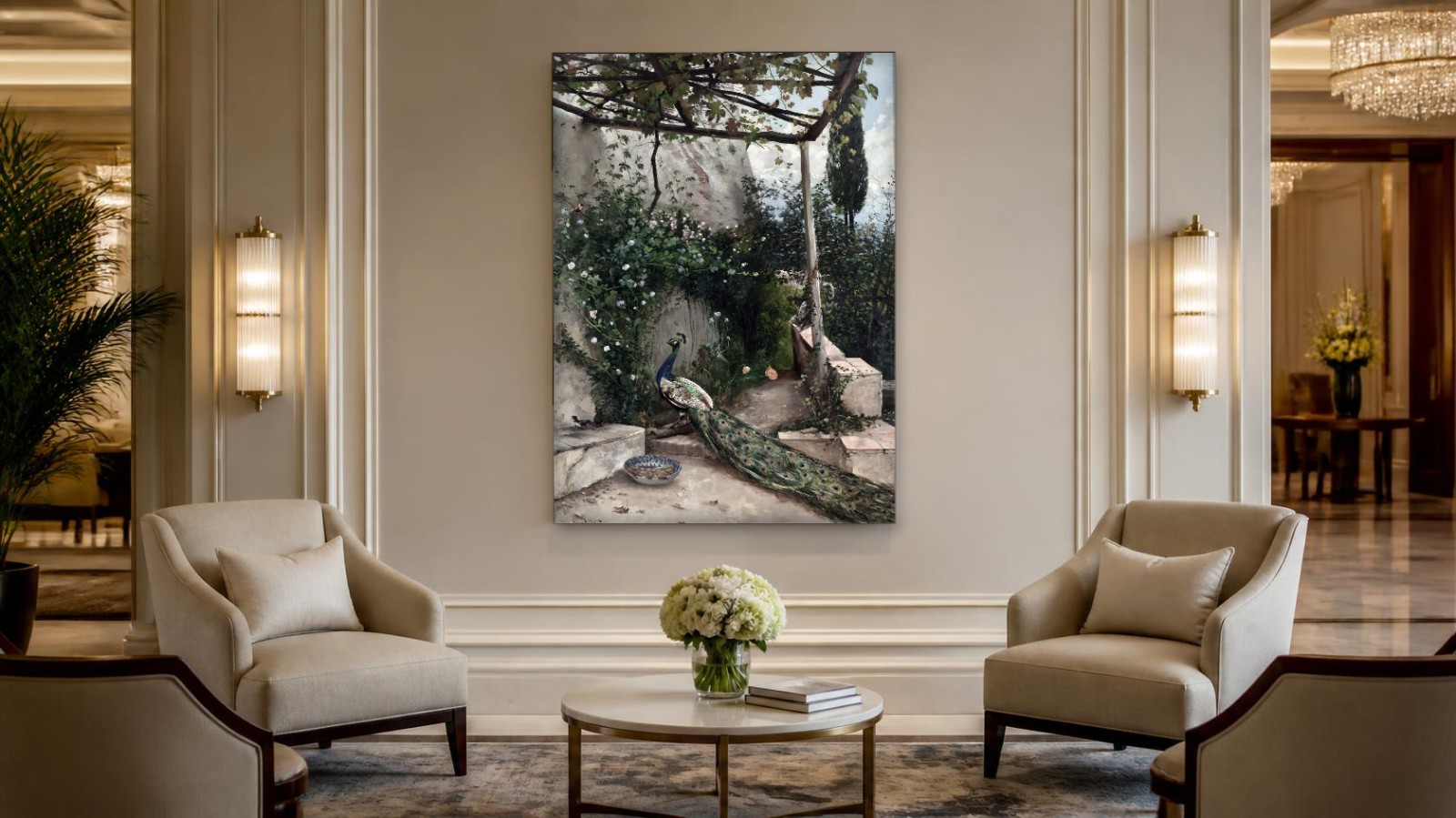 CAS1321-1 Pauw op het Terras, Dieren schilderij aan de muur in interieur