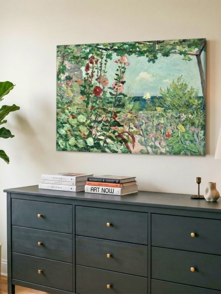 Stokrozentuin aan Zee (naar Hassam), Natuur & Landschap schilderij aan de muur in interieur