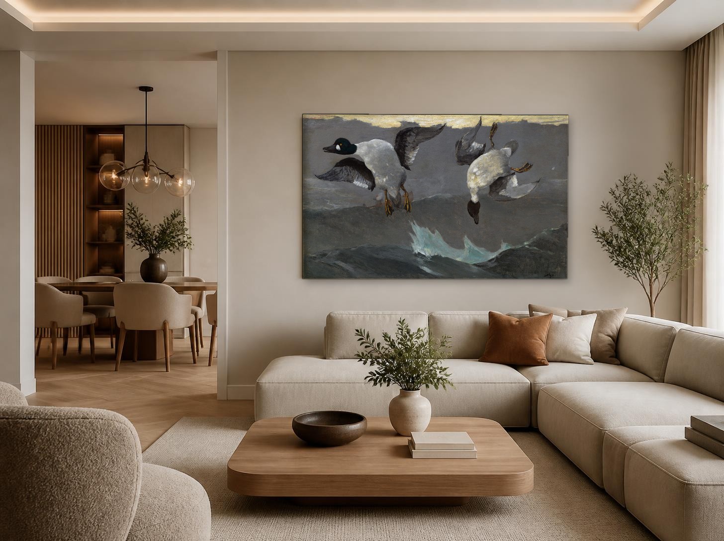 CAS1325-1 Brilduikers boven de golven (naar Liljefors), Dieren schilderij aan de muur in interieur