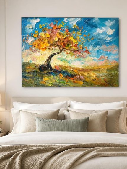 Wuivende herfstboom op de heuvel, Natuur & Landschap schilderij aan de muur in interieur