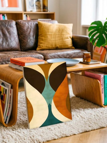 Symmetrisch Spel in Oker en Turquoise, Abstract & Modern schilderij aan de muur in interieur