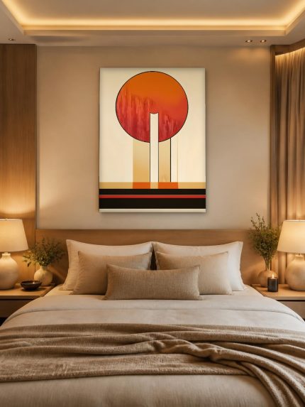 Rode Cirkel op Zuilen, Abstract & Modern schilderij aan de muur in interieur