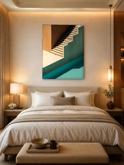 Trap in oker en groen, Abstract & Modern schilderij aan de muur in interieur