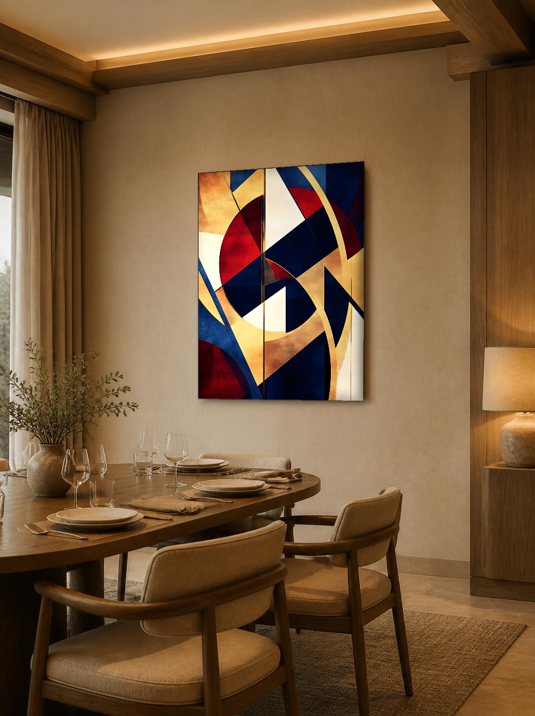 CAS1383-1 Goud en Vermiljoen, Abstract & Modern schilderij aan de muur in interieur