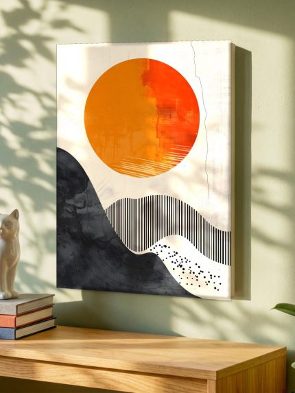 Oranje Cirkel Boven Golvende Horizon, Abstract & Modern schilderij aan de muur in interieur