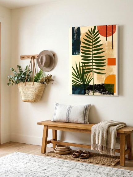 Palmblad tussen Kleurvlakken, Natuur & Landschap schilderij aan de muur in interieur