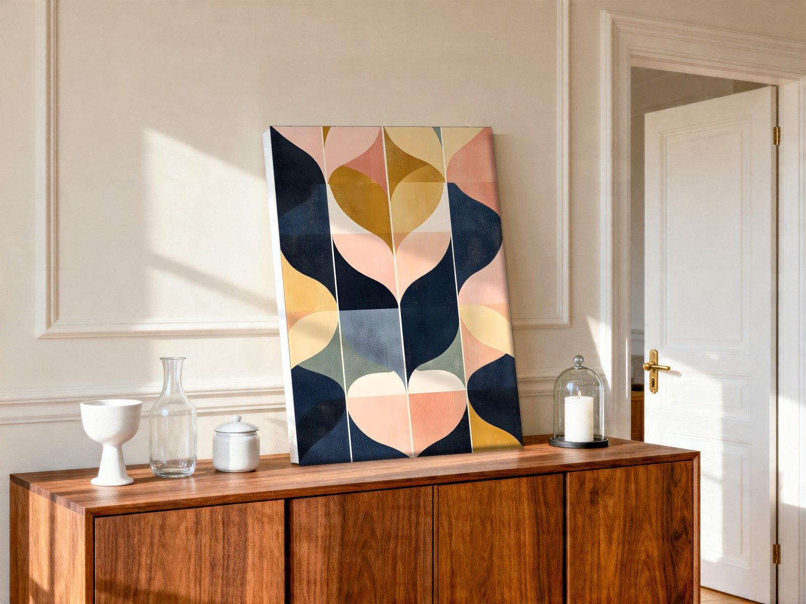 CAS1397-1 Golvend Spel in Marine en Perzik, Abstract & Modern schilderij aan de muur in interieur