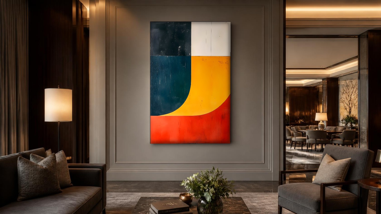 CAS1404-1 Vloeiende Vlakken in Oker en Rood, Abstract & Modern schilderij aan de muur in interieur
