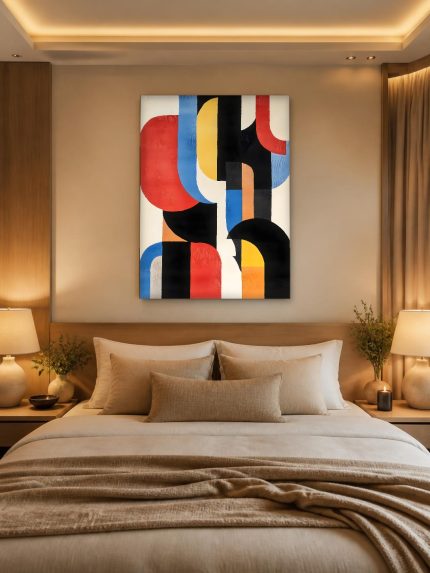 Geometrisch Spel in Rood en Blauw, Abstract & Modern schilderij aan de muur in interieur