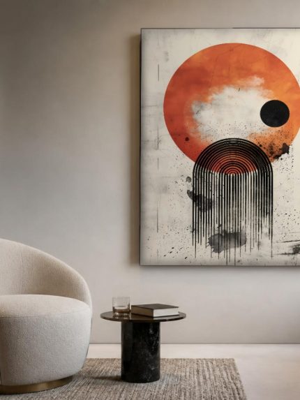 Cirkelritme in Oranje, Abstract & Modern schilderij aan de muur in interieur
