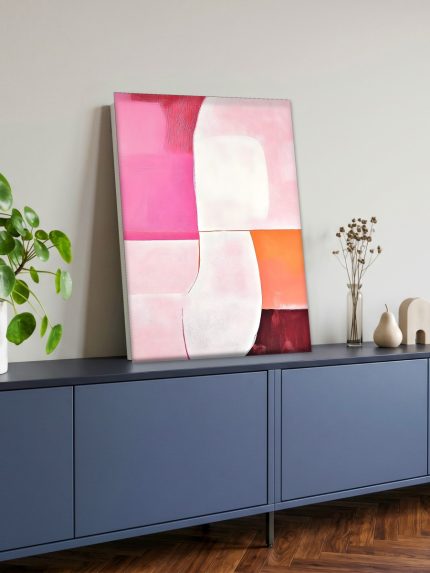 Roze Vlakken in Balans, Abstract & Modern schilderij aan de muur in interieur