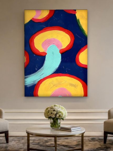 Kleurcirkels op Blauw, Abstract & Modern schilderij aan de muur in interieur