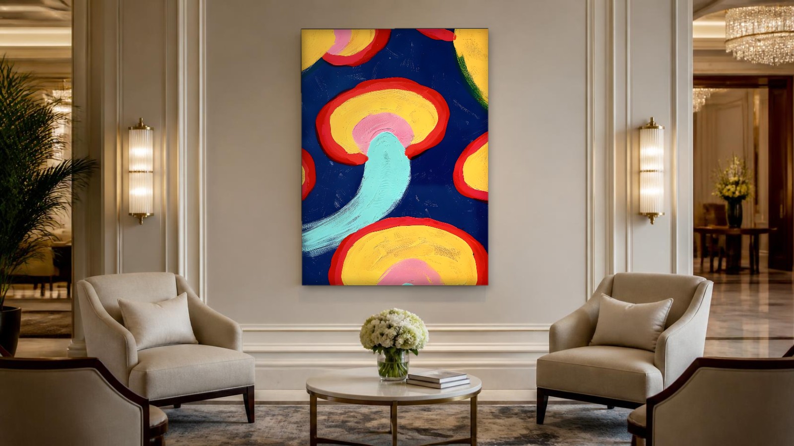 CAS1439-1 Kleurcirkels op Blauw, Abstract & Modern schilderij aan de muur in interieur