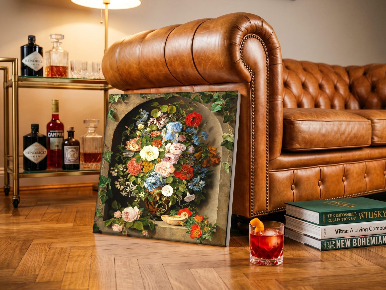 CAS1456-1 Bloemenboeket in nis (naar Cornelis van Spaendonck), Bloemen & Stilleven schilderij aan de muur in interieur