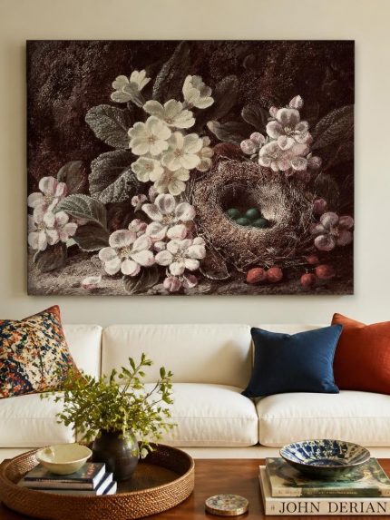 Vogelnest tussen appelbloesem, Bloemen & Stilleven schilderij aan de muur in interieur
