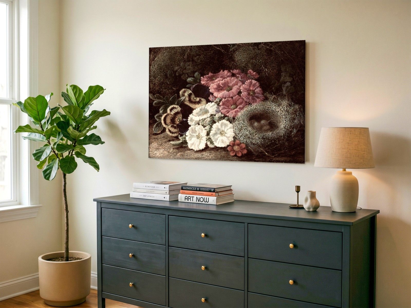 CAS1470-1 Vogelnest met Bloemen (naar George Clare), Bloemen & Stilleven schilderij aan de muur in interieur