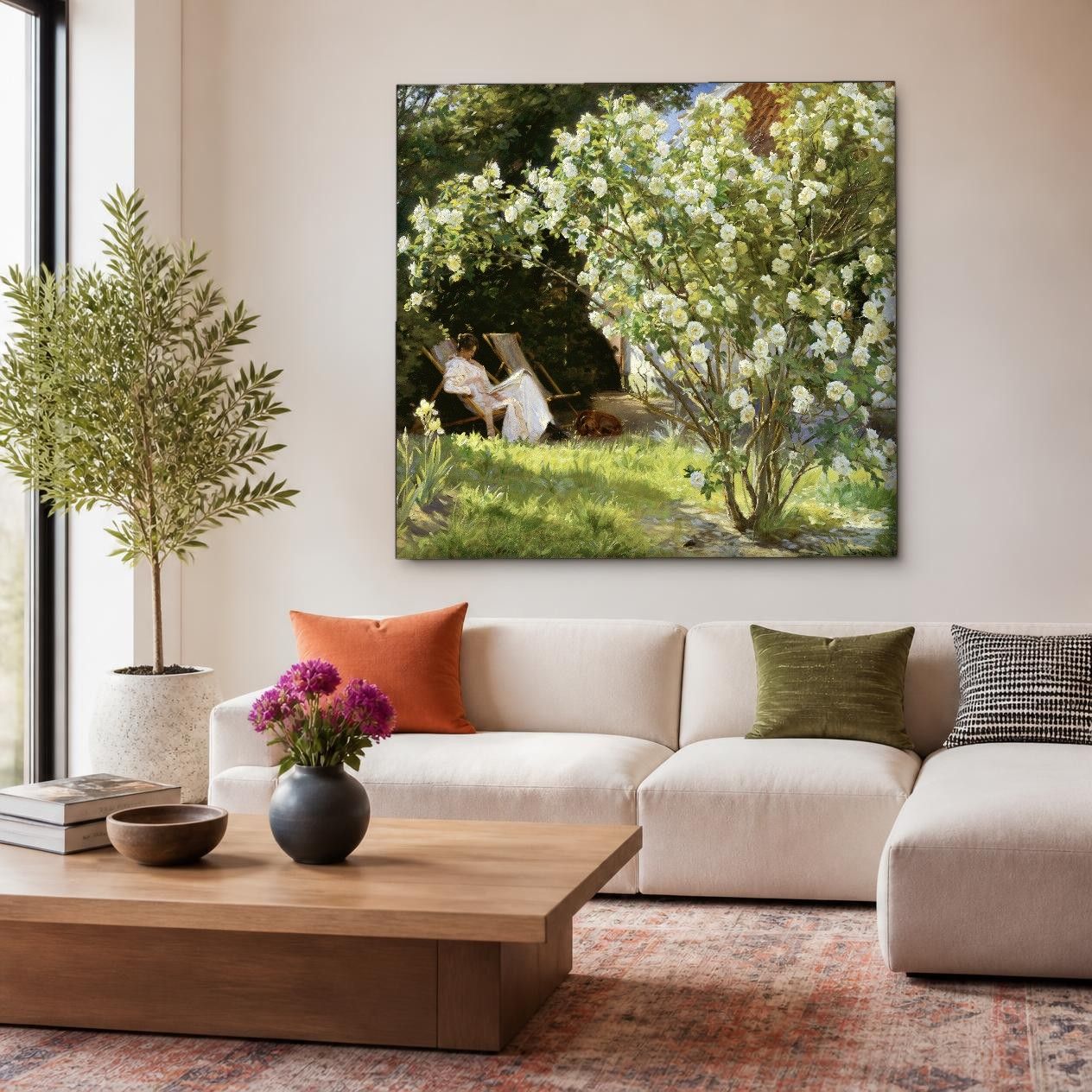 CAS1488-1 Witte Rozen in de Tuin (naar Krøyer), Bloemen & Stilleven schilderij aan de muur in interieur