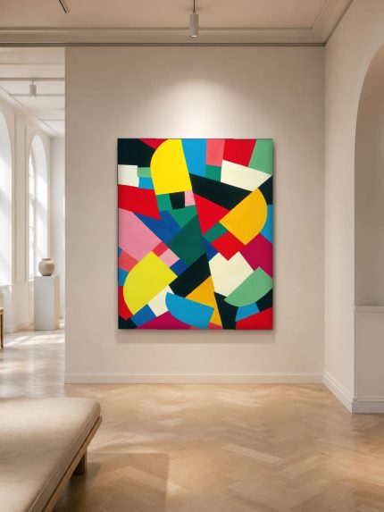 Geometrische Kleurexplosie, Abstract & Modern schilderij aan de muur in interieur
