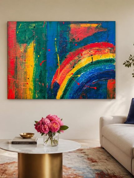 Kleurexplosie in Regenboogtinten, Abstract & Modern schilderij aan de muur in interieur