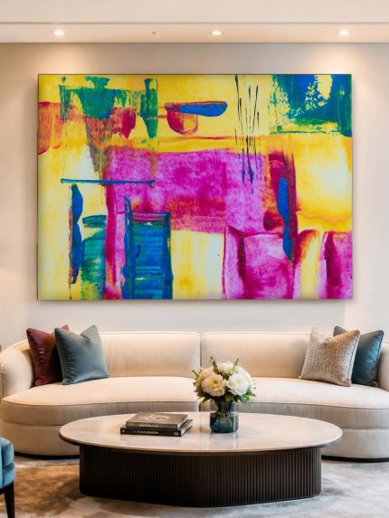 Magenta Vlakken in Geel, Abstract & Modern schilderij aan de muur in interieur