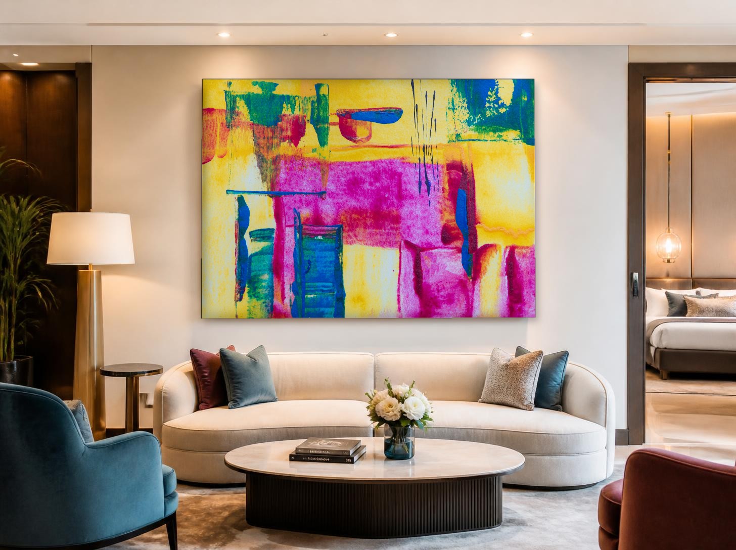 CAS1522-1 Magenta Vlakken in Geel, Abstract & Modern schilderij aan de muur in interieur
