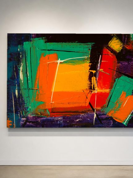 Vlakken in Vuur en Smaragd, Abstract & Modern schilderij aan de muur in interieur