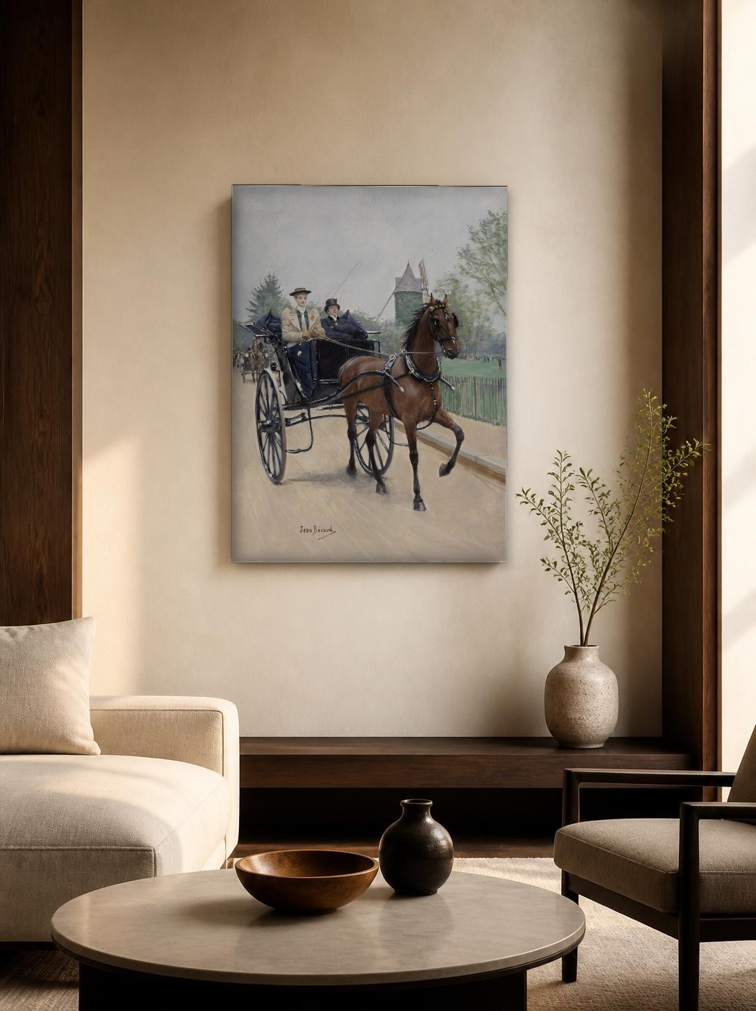 CAS1532-1 Rijtuig door het Bois de Boulogne (naar Jean Béraud), Dieren schilderij aan de muur in interieur