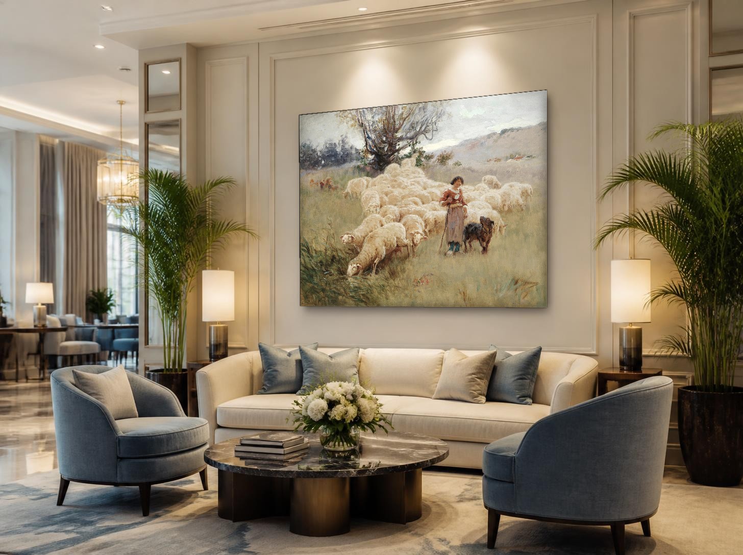 CAS1544-1 Herderin met Kudde in het Veld, Dieren schilderij aan de muur in interieur