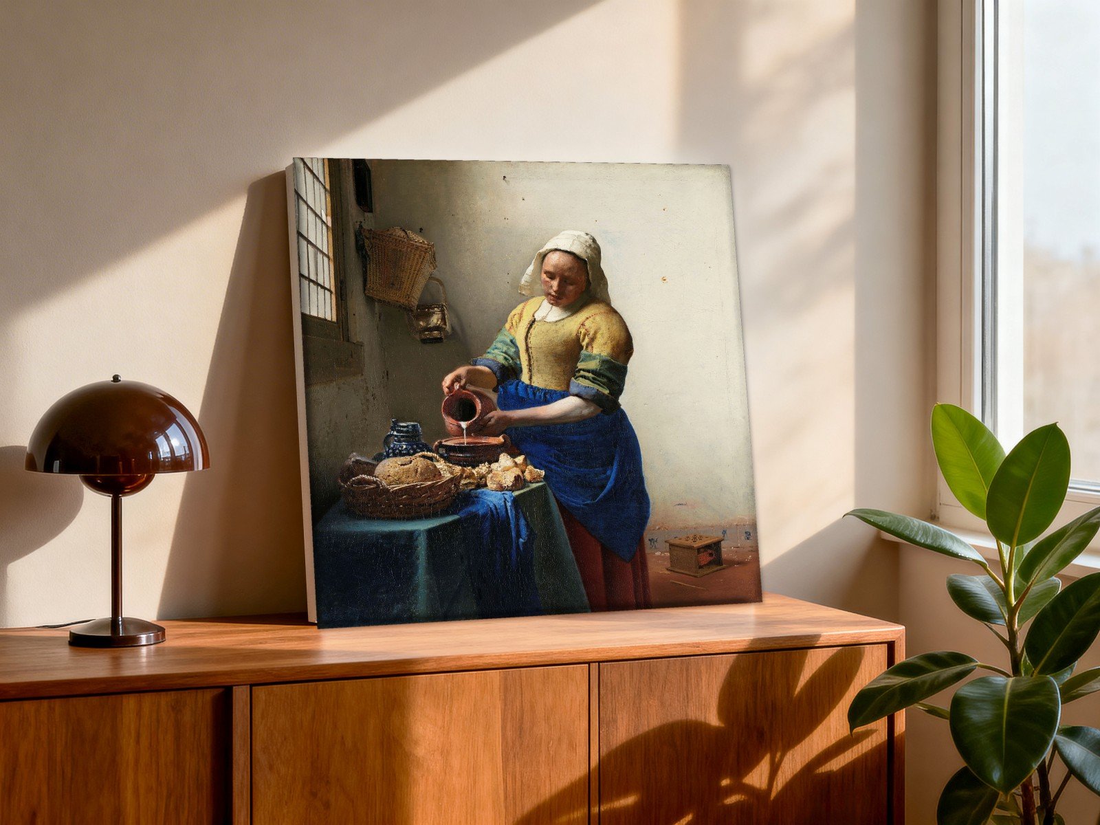 CAS1554-1 Het Melkmeisje (naar Vermeer), Mensen & Portretten schilderij aan de muur in interieur
