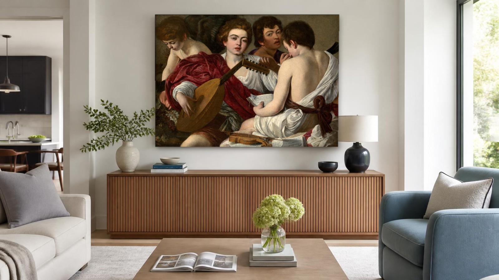 CAS1555-1 De Musici (naar Caravaggio), Mensen & Portretten schilderij aan de muur in interieur