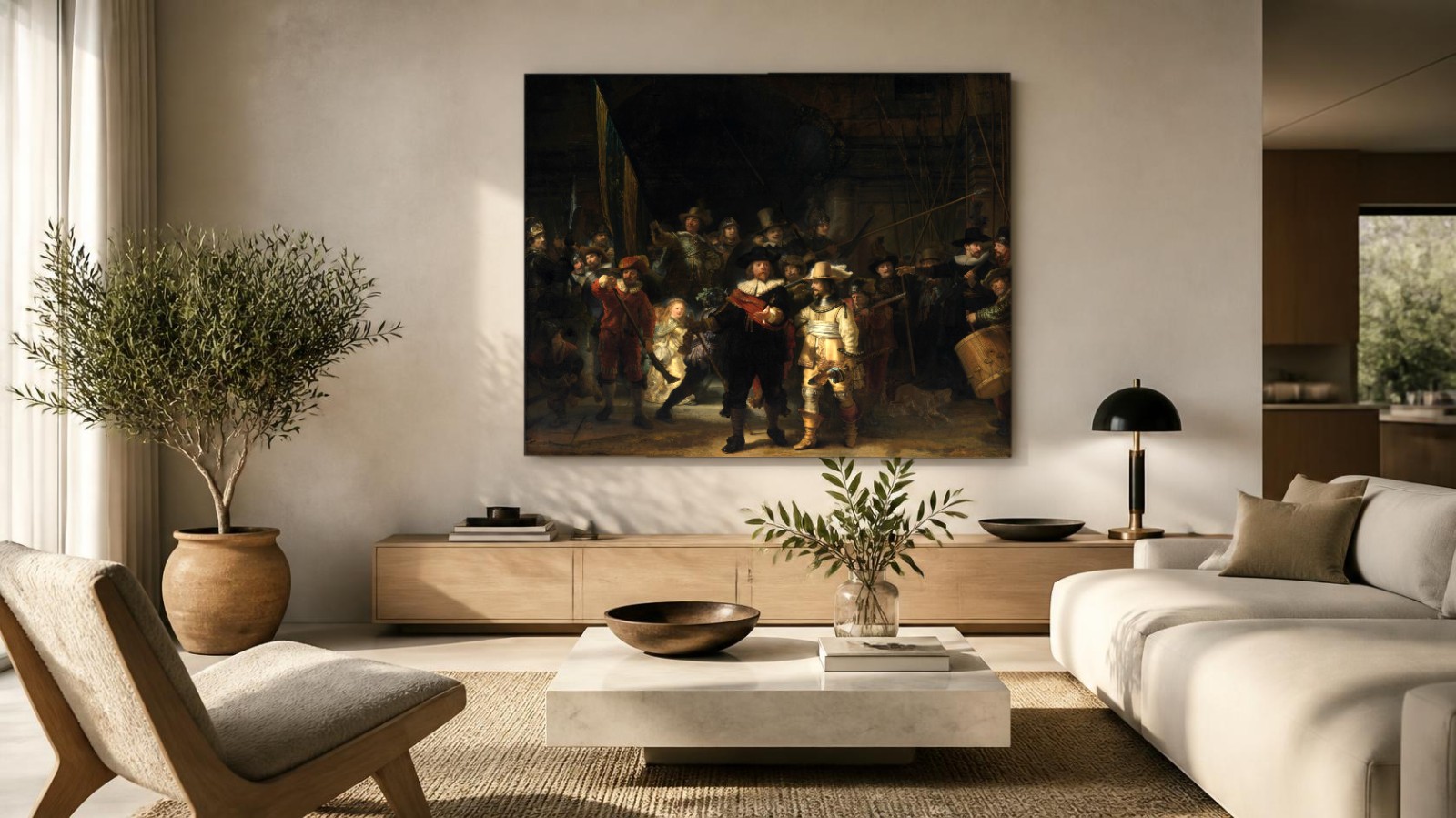 CAS1557-1 De Nachtwacht (naar Rembrandt), Mensen & Portretten schilderij aan de muur in interieur
