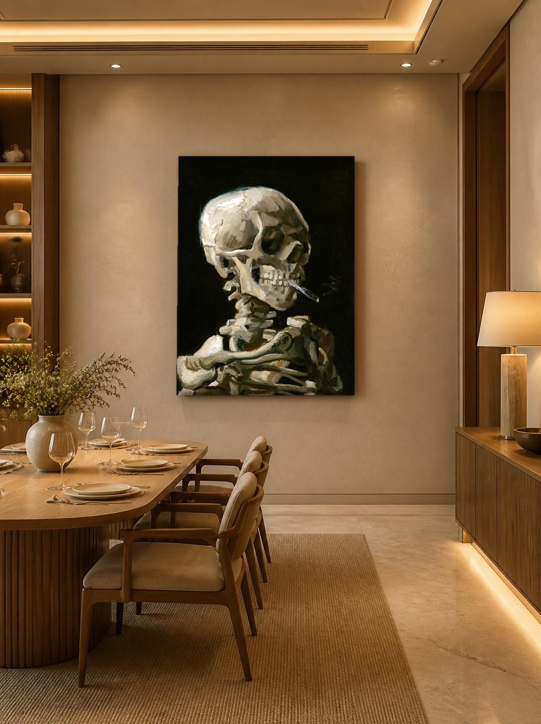 CAS1567-1 Schedel met Sigaret (naar Van Gogh), Mensen & Portretten schilderij aan de muur in interieur