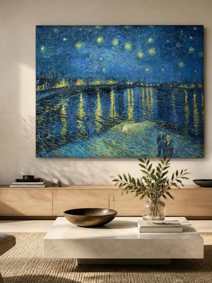 Sterrennacht boven de Rhône (naar Van Gogh), Natuur & Landschap schilderij aan de muur in interieur