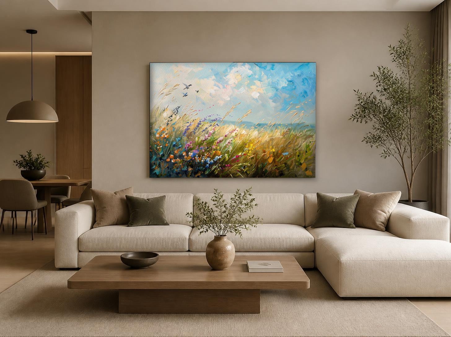 CAS1579-1 Golvend Bloemenveld met Vogels, Bloemen & Stilleven schilderij aan de muur in interieur