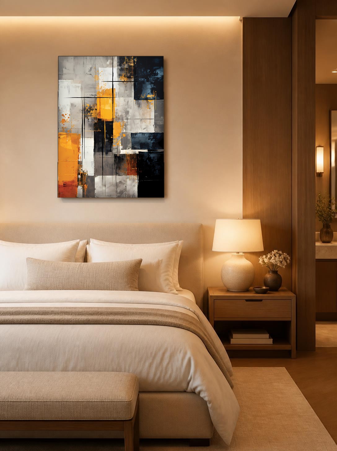 CAS1593-1 Geometrisch Contrast in Oker en Zwart, Abstract & Modern schilderij aan de muur in interieur