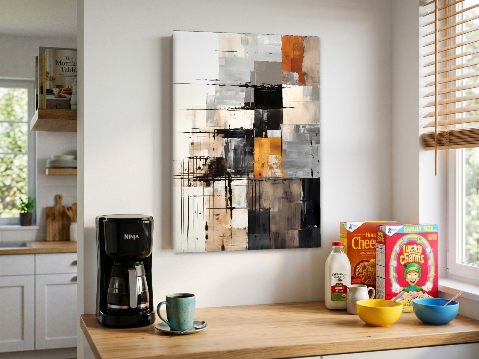 CAS1594-1 Rasterspel in Oker, Abstract & Modern schilderij aan de muur in interieur