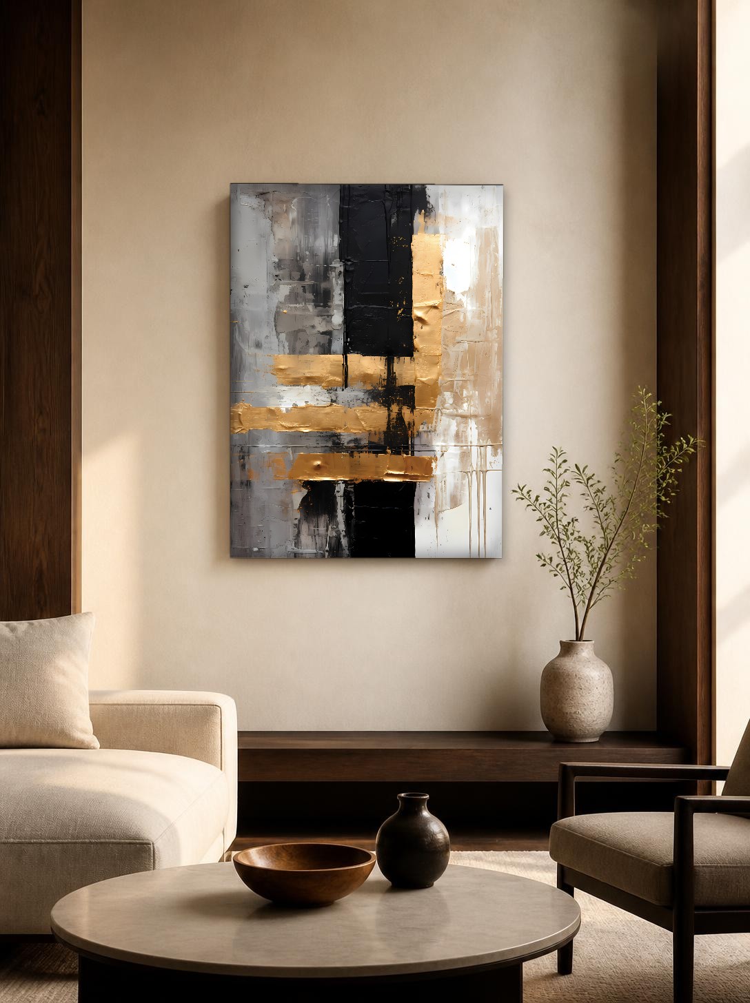 CAS1600-1 Gouden Blokken in Zwart, Abstract & Modern schilderij aan de muur in interieur