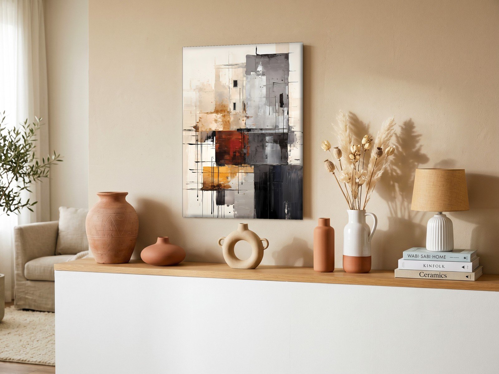 CAS1608-1 Verweerde Vlakken in Oker en Grafiet, Abstract & Modern schilderij aan de muur in interieur