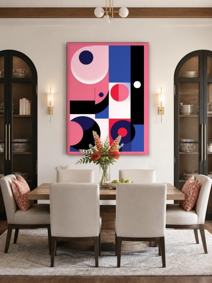 Cirkelspel in Roze en Blauw, Abstract & Modern schilderij aan de muur in interieur
