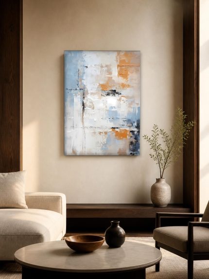 Oker en IJsblauw, Abstract & Modern schilderij aan de muur in interieur