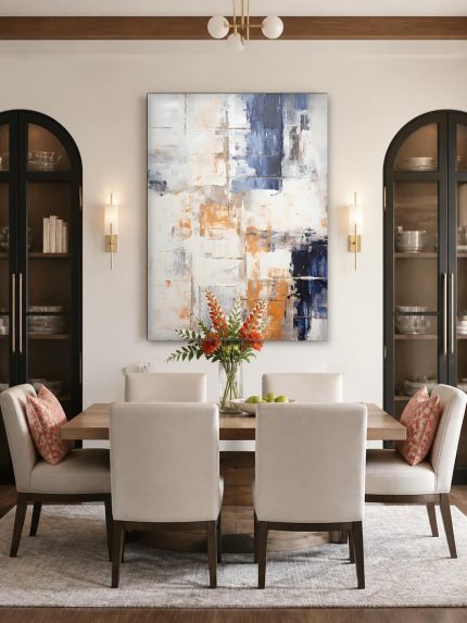 Vlakken in Oker en Indigo, Abstract & Modern schilderij aan de muur in interieur