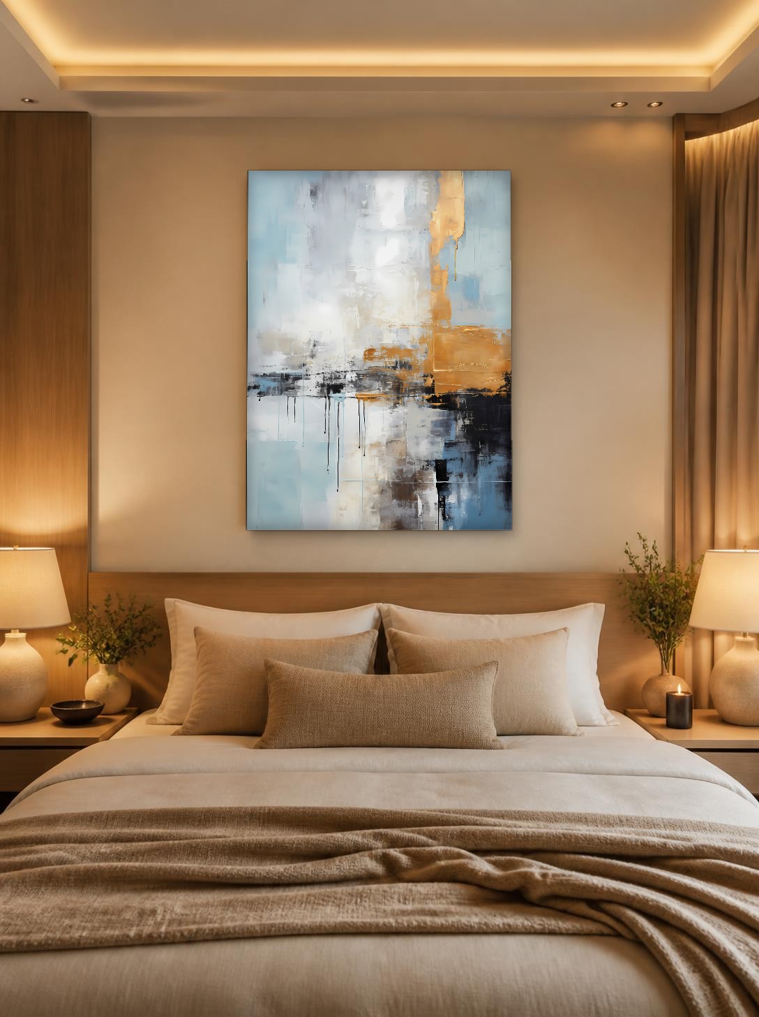 CAS1636-1 Oker Reflectie, Abstract & Modern schilderij aan de muur in interieur