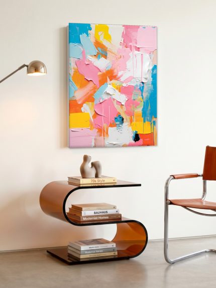 Speelse Kleurexplosie, Abstract & Modern schilderij aan de muur in interieur