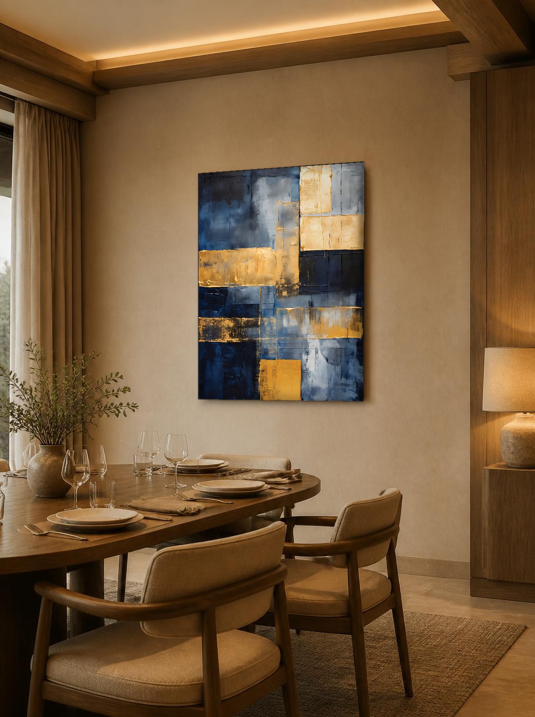 CAS1646-1 Blauwe Vlakken met Goud, Abstract & Modern schilderij aan de muur in interieur