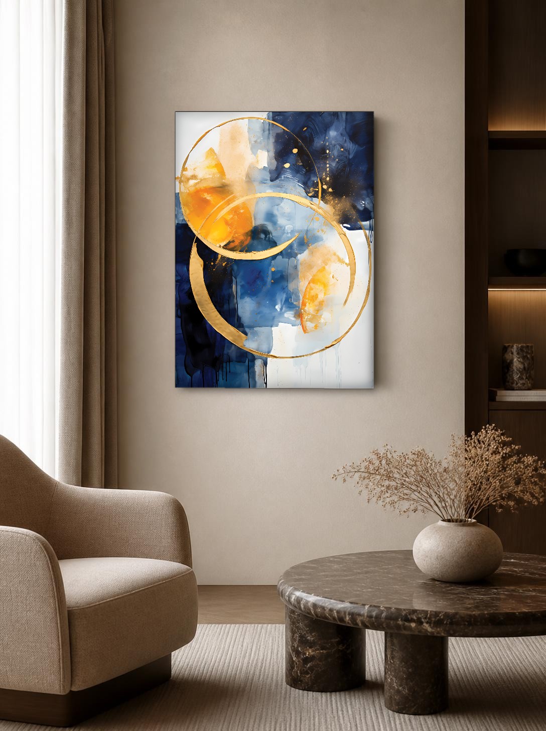 CAS1647-1 Gouden Cirkels in Kobaltblauw, Abstract & Modern schilderij aan de muur in interieur