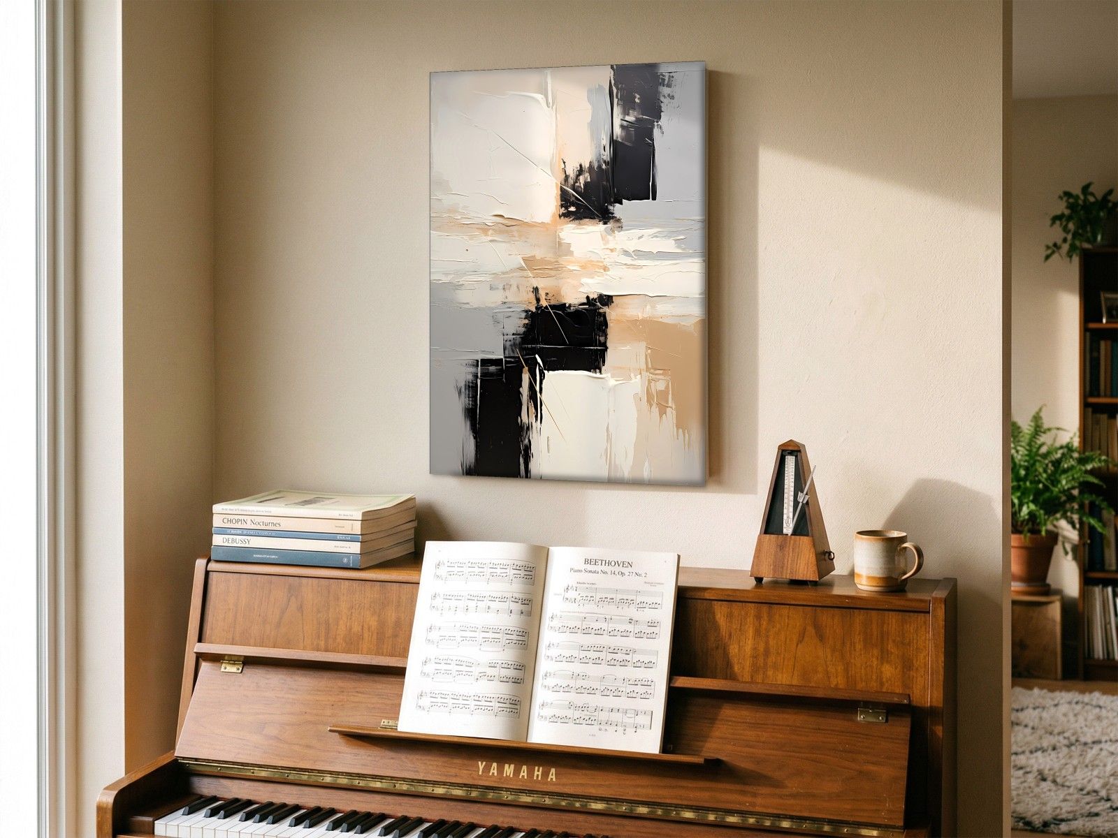 CAS1648-1 Contrasten in Zwart en Zand, Abstract & Modern schilderij aan de muur in interieur